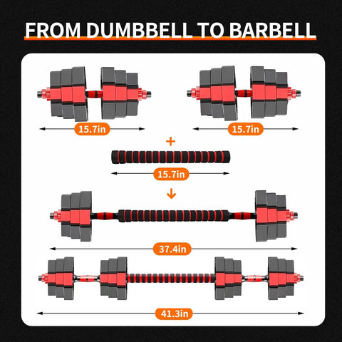 Adjustable Dumbbell to Barbell Fitness Set – 44lbs Anti-Slip Grip, 3-in-1 Home Gym Strength Training Barbell Weight Set