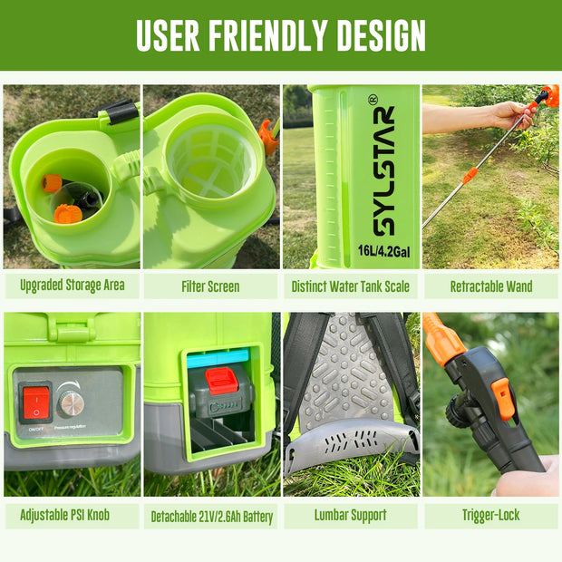 4 Gallon Battery Powered Backpack Sprayer 16L Agriculture Spray 100 PSI 5 Nozzles Electric Graden Sprayer