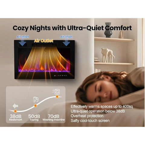 Electric Fireplace Insert 30 Realsmart 1500W Wall Mounted Electric Fireplaces with Recessed Heaters, Remote Control, Slim Black