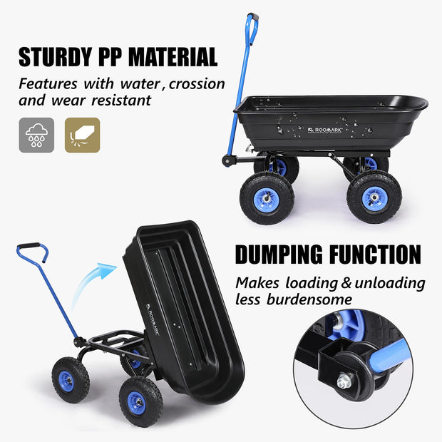 Roomark Garden Dump Cart w/ Quick Release System 600lb Yard Cart Heavy Duty Poly Yard Dump Wagon w/ Adjustable Handle 10in Tires