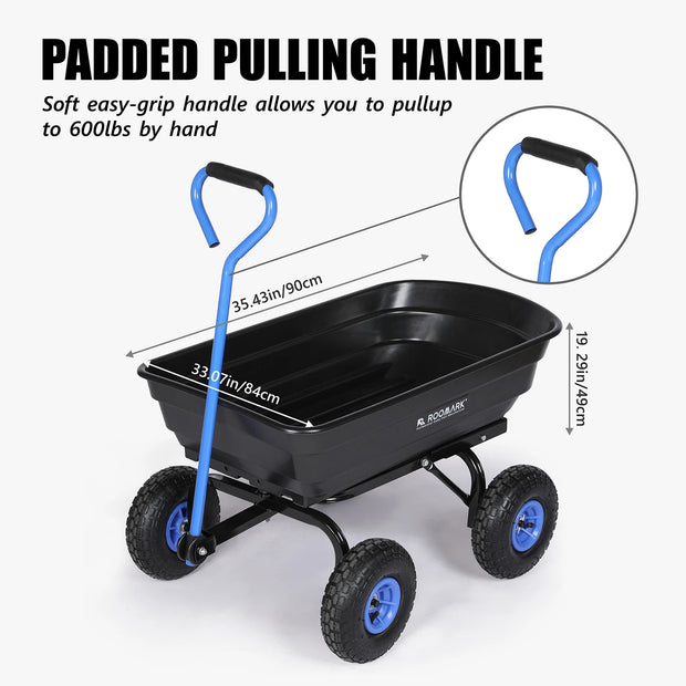 Roomark Garden Dump Cart w/ Quick Release System 600lb Yard Cart Heavy Duty Poly Yard Dump Wagon w/ Adjustable Handle 10in Tires