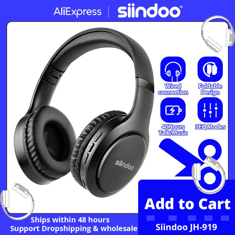 Siindoo Wireless Bluetooth Headphones JH-919 Foldable Stereo Earphones Super Bass Noise Canceling Mic Headset For TV PC Black