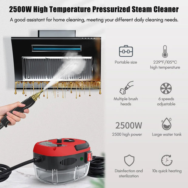 Portable Handheld Steam Cleaner High Temperature Pressurized Steam Cleaning Machine  2500W with Brush Heads for Kitchen Cleaning
